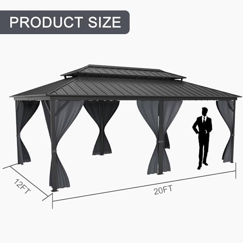 GarveeLife 12x20ft Permanent Hardtop Gazebo with Double Roof, Netting & Curtains, Grey