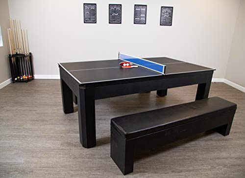 Hathaway Park Avenue 7-ft Pool Table Tennis Combination with Dining Top, Two Storage Benches - Black and Red Felt