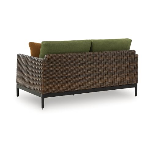 Signature Design by Ashley Horizon Hall Vintage Outdoor Loveseat with Cushion and Pillows Green & Dark Brown