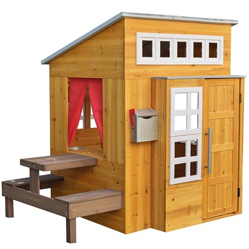 KidKraft Modern Outdoor Wooden Playhouse with Picnic Table, Mailbox, Grill Natural