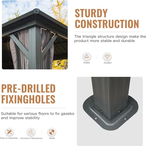 LOPOO Hardtop Gazebo with Aluminum Frame and Steel Double Roof Canopy - Grey