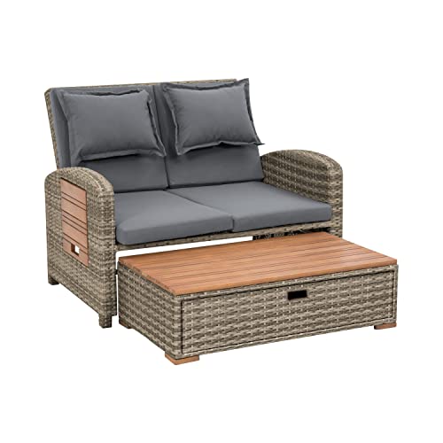 Greemotion Bahia Tobago Patio Daybed Loveseat Sofa with Storage Ottoman and Adjustable Cushions Brown and Dark Gray