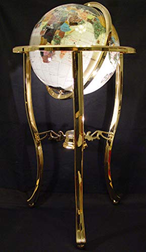Unique Art Since 1996 Pearl Ocean Gemstone World Globe with Gold Tripod Pearl White