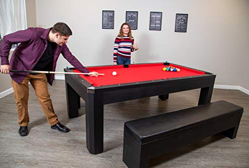 Hathaway Park Avenue 7-ft Pool Table Tennis Combination with Dining Top, Two Storage Benches - Black and Red Felt