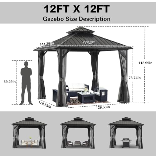 Endark 12x12FT Patio Gazebo with Steel Canopy Gray