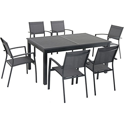 Hanover Cameron 7-Piece Modern Outdoor Dining Set with 6 Folding Sling Chairs and Expandable Table, Grey