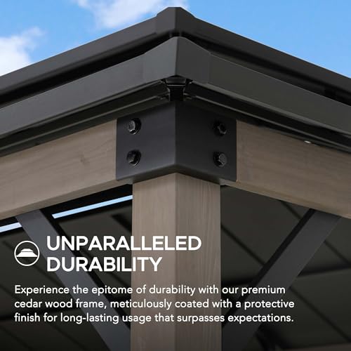 Sunjoy Wooden Grill Gazebo 8x12 ft Steel Hardtop Solar Power Outdoor Cooking Shelter Black