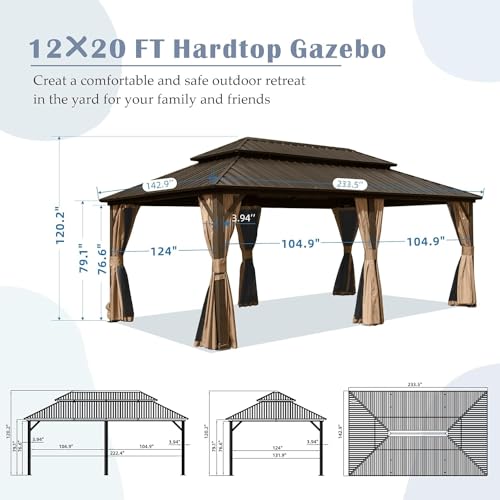 LOPOO Hardtop Gazebo Aluminum Pavilion with Double Roof Canopy, Curtains & Netting Brown