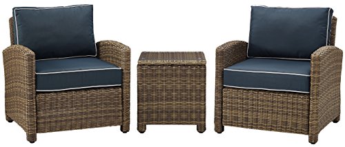 Crosley Furniture Bradenton 3-Piece Outdoor Chair and Side Table Set Brown with Navy Cushions