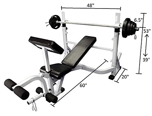 Ader Sporting Goods Olympic Universal White Bench w/Bar & 255lbs Gray Easy Grip Olympic Plates Set Black