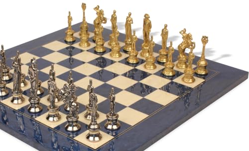 The Chess Store Napoleon Theme Brass & Nickel Chess Set with Blue Ash Burl Board