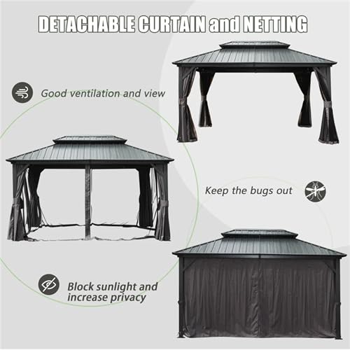 LOPOO Hardtop Gazebo with Curtains & Netting - Aluminum Frame Pavilion with Steel Double Roof Canopy for Patio, Backyard, Lawn, Garden - Brown 12ft x 16ft