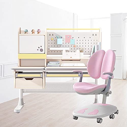 FCD Wood Ergonomic Kids Study Desk and Chair Set, Height Adjustable, 47" Tiltable Desktop with Bookshelf and Hutch, Multi-Function Pink Chair