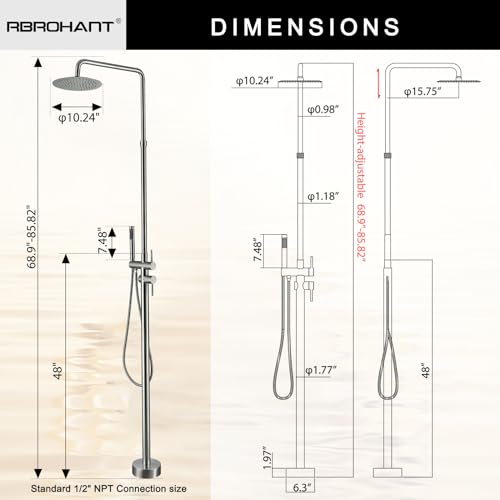 RBROHANT Freestanding Outdoor Shower Nickel, Height Adjustable Outside Showers for Backyard Garden Pool Beach, Outdoor Shower Fixtures with 10” Rain Shower Head and Handheld, Brushed Nickel