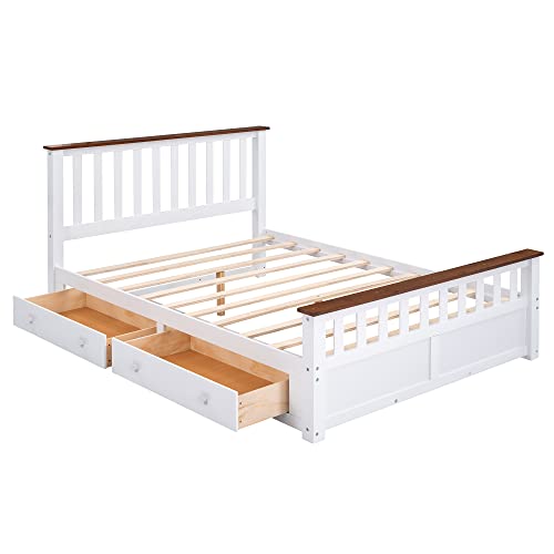 FAVSH Queen Size Wood Platform Bed with Drawers White/Walnut