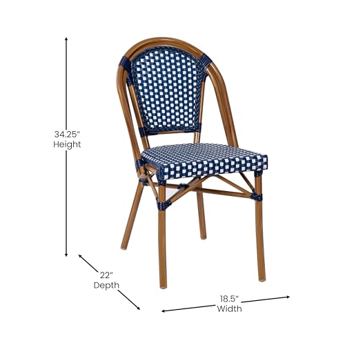 EMMA + OLIVER Soie Bistro Set Navy & White Rattan with Natural Frame