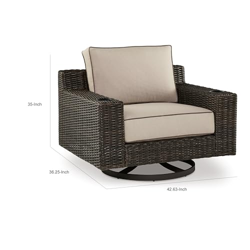 Benzara 43" Waga Outdoor Swivel Lounge Chair with Cupholder Wicker Brown Beige Black