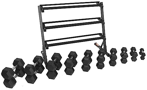 Signature Fitness 550LB Rubber Coated Hex Dumbbell Weight Set with 3-Tier Storage Rack Black