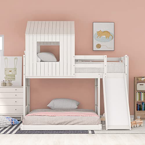 Harper & Bright Designs Twin Over Full House Bunk Bed with Slide and Roof White