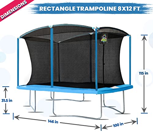 Moxie Girlz Rectangle Trampoline 8x12 FT with Safety Net Cyan Blue