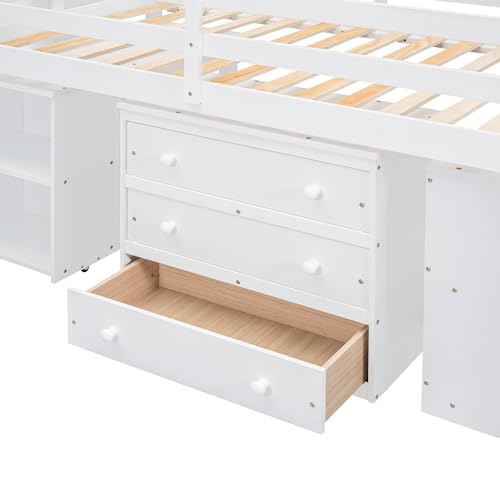 RORIGAT Twin Size Loft Bed with Desk, Storage Stairs & Shelves, White