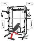 EonfitOmni Smith Machine Squat Rack Cable Crossover Pulley System Home Gym Equipment Black with Red Bench