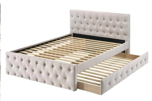 Kaimei Contemporary Twin Bed with Slatted Trundle, Tufted Headboard and Footboard Light Brown