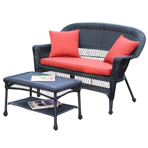 Jeco Wicker Patio Love Seat and Coffee Table Set Red