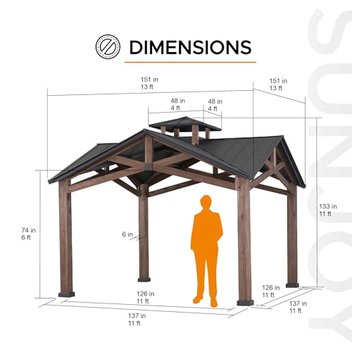 Sunjoy 12.5 x 12.5 ft. Hardtop Gazebo Outdoor Cedar Frame with Steel Roof Black