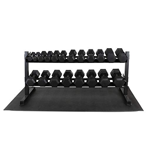 WF Athletic Supply Rubber Coated Hex Dumbbell Set with Rack and Mat - Dumbbells Only 5-50LB with 2-tier Rack and Mat