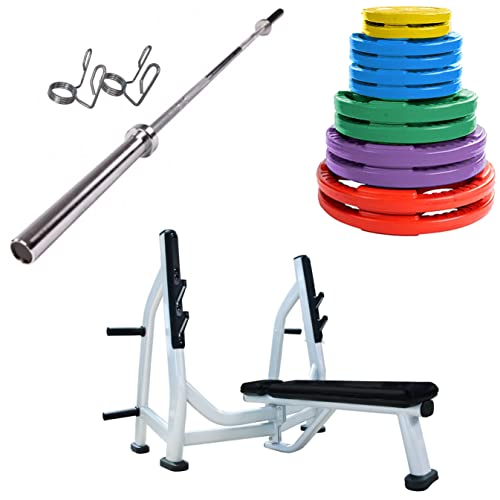 French Fitness Weight Plate Set with Olympic Bar 305 lbs + Bench