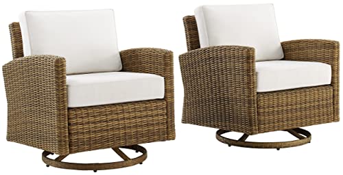 Crosley Furniture Bradenton 2-Piece Wicker Swivel Rocker Chair Set Brown with Sunbrella White Cushions