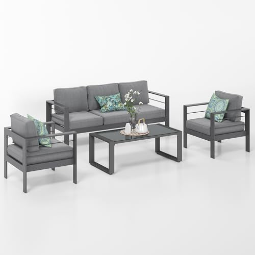 Solaste Aluminum Patio Furniture Set 4 Pcs Modern Outdoor Conversation Set Grey