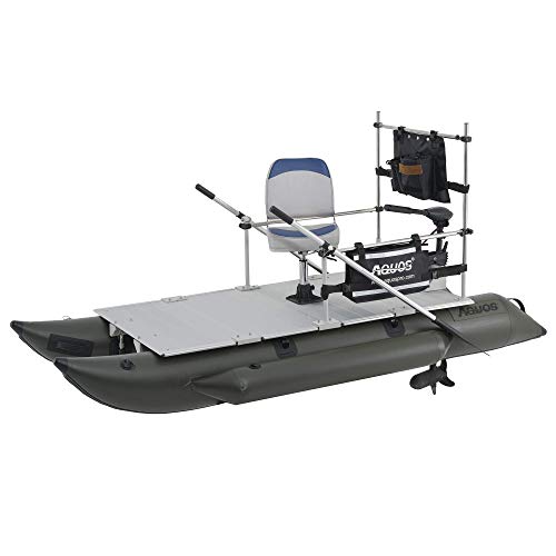 AQUOS Heavy-Duty Inflatable Pontoon Boat with Stainless Steel Guard and Folding Seat, Transom Hand Control 12V 55LBS Trolling Motor
