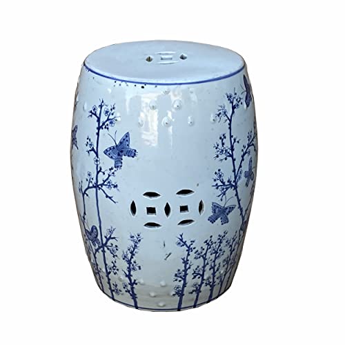 orientliving Chinese Porcelain Flower Butterflies Table Stool Blue White