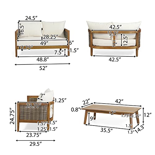 Christopher Knight Home Burchett Outdoor 4pc Chat Set Acacia Wood Wicker Teak Finish Mixed Brown Beige