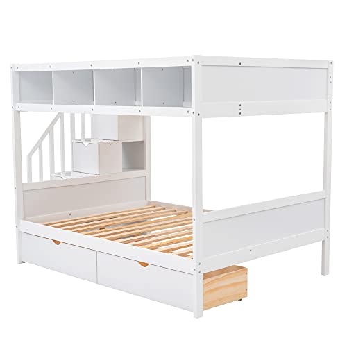 BOVZA Twin Over Full Bunk Bed with Storage Shelves and Staircase White