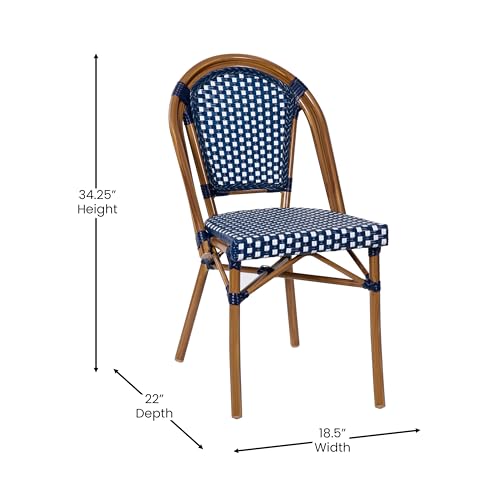 Flash Furniture Bordeaux Indoor/Outdoor Bistro Set - Tempered Glass Top Table with 4 Chairs - Navy & White Rattan/Natural Frame