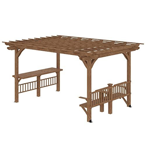 Outsunny 14' x 10' Outdoor Pergola Wooden Grill Gazebo with Bar Counters and Seating Benches Brown