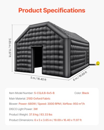VEVOR Inflatable Nightclub Tent with Disco Lights, 19.7 x 16.4 x 12 Ft, Black