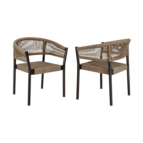 Benzara Roi Patio Dining Chair Set of 2 Truffle Rope Woven Dark Eucalyptus Wood Brown