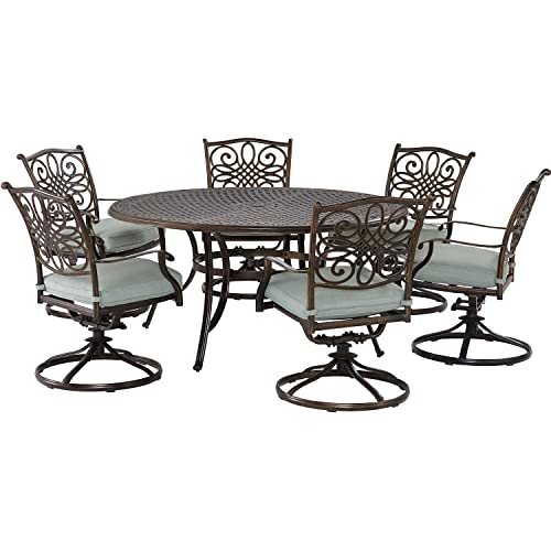 Hanover Renditions 7 Piece Outdoor Dining Set with 60" Round Table and Swivel Chairs Mist