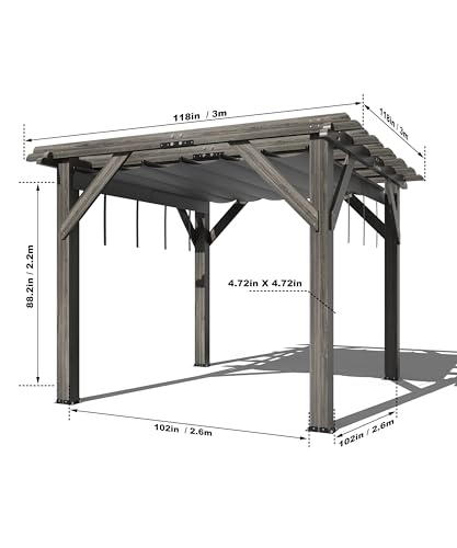 DEXSO 10' x 10' Cedar Wood Pergola with Retractable Shade Canopy Charcoal Gray