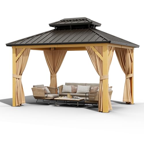 Agrestem 10X12FT Outdoor Galvanised Steel Hardtop Gazebo with Netting and Sunshade Curtains Wood Grain