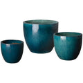 Emissary Teal Ceramic Round Planters Set of 3 (12in, 15in, 19in) with Drainage Hole