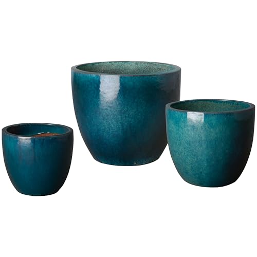Emissary Teal Ceramic Round Planters Set of 3 (12in, 15in, 19in) with Drainage Hole