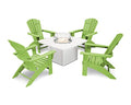 Polywood Nautical 5-Piece Curveback Adirondack Chair Conversation Set with Fire Pit Table Lime/White