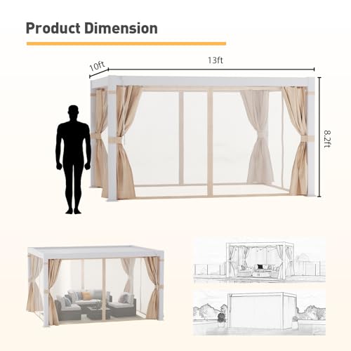 COSIEST 10'×13' Louvered Aluminum Pergola with Adjustable Roof & Curtains White