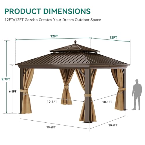 YITAHOME 12x12ft Hardtop Gazebo with Nettings and Curtains Bronze