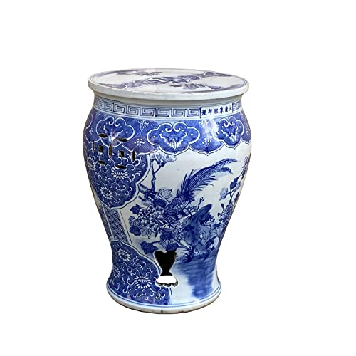 Orientliving Chinese Blue & White Porcelain Flower Birds Small Round Stool Table Blue White